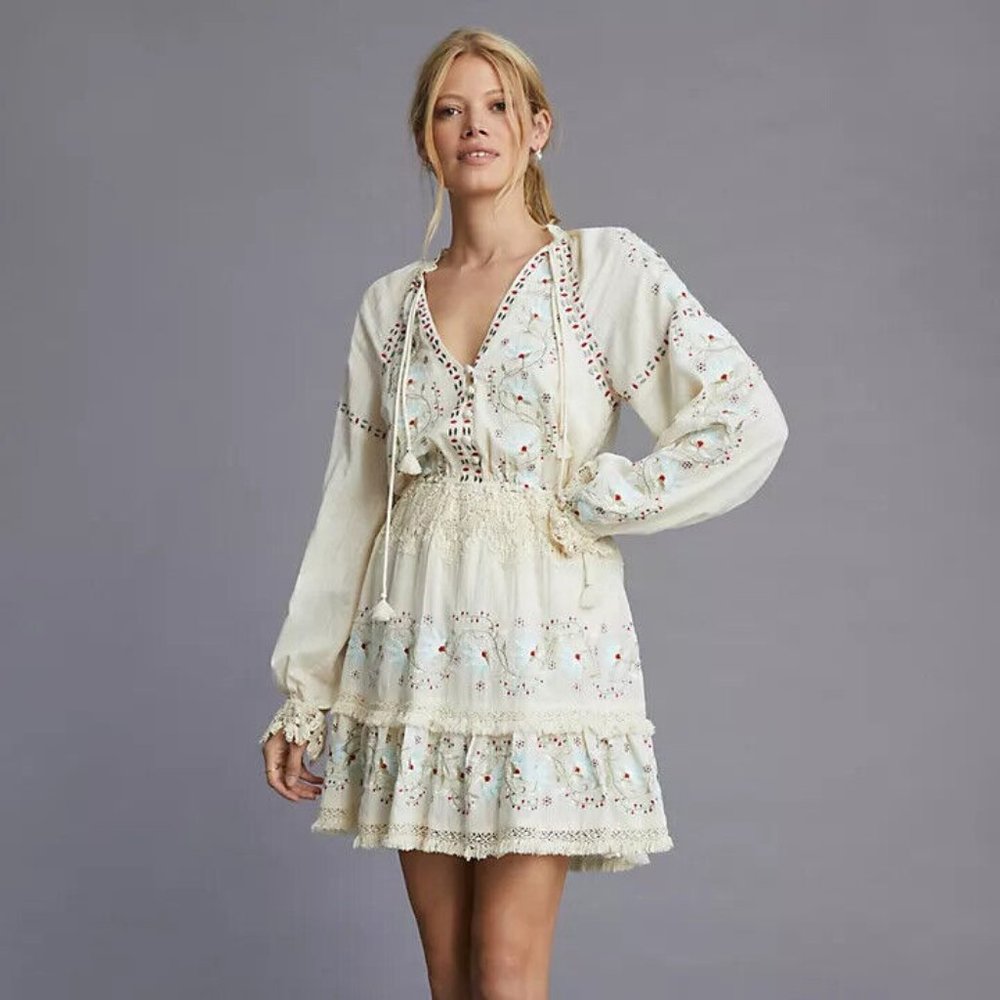 Anthropologie Lace Tunic Dress Embroidered Ivory size XSP $366